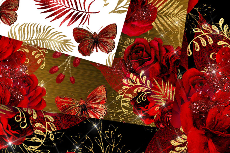 red-and-gold-floral-digital-paper