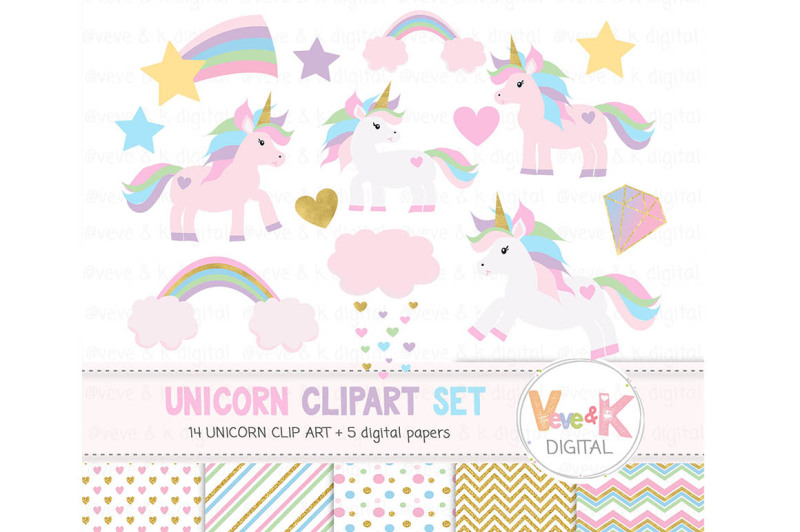 unicorns-clipart-and-digital-papers-set-pastel-unicorns-clipart