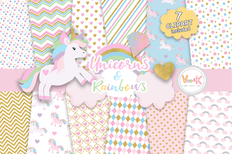pastel-unicorns-clipart-and-digital-papers-set-glitter-paper-pack