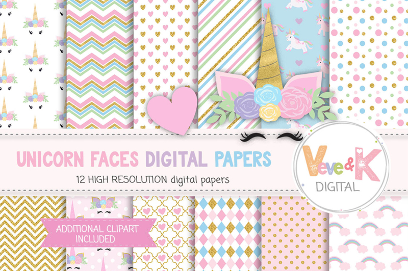 unicorn-faces-clipart-and-digital-papers-set-unicorn-patterns