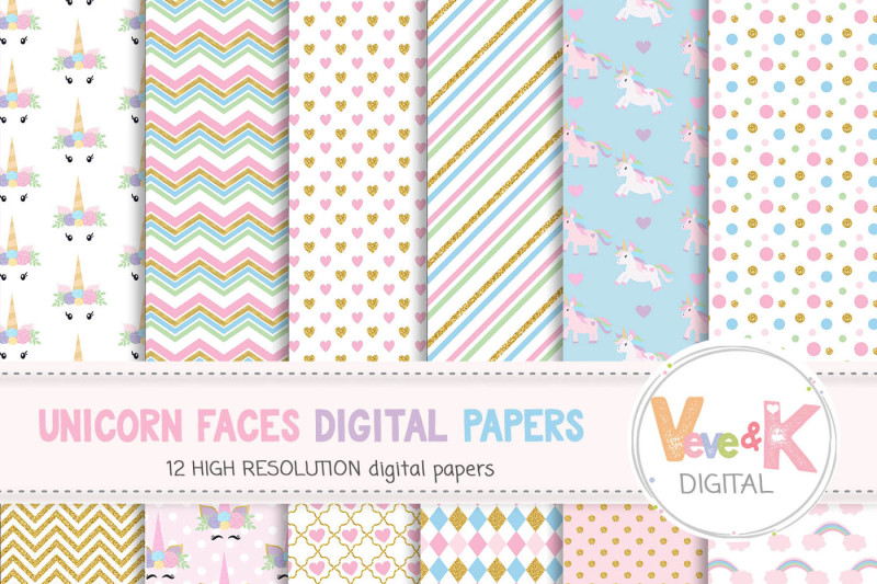 unicorn-faces-clipart-and-digital-papers-set-unicorn-patterns