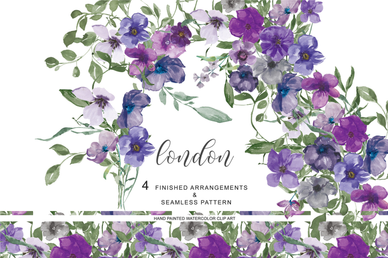 Download Hand Painted Watercolor Purple Floral Arrangements Clipart By Patishop Art | TheHungryJPEG.com