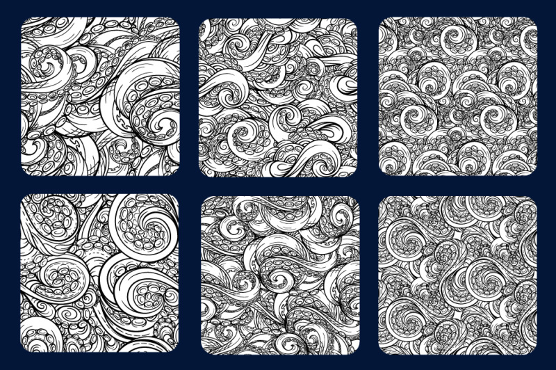 black-and-white-tentacles-seamless-patterns-set