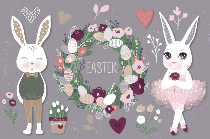 happy-easter-bunnies-eggs-flowers