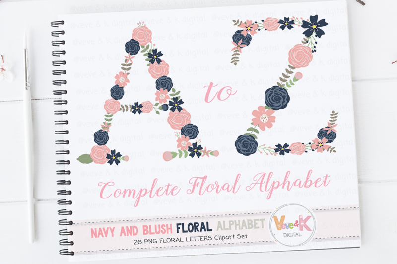 floral-alphabet-clipart-floral-letters-navy-and-blush-floral-letters