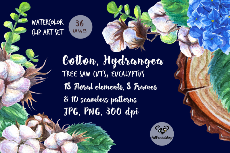 cotton-hydrangea-slice-of-tree-watercolor-frames-seamless-patterns