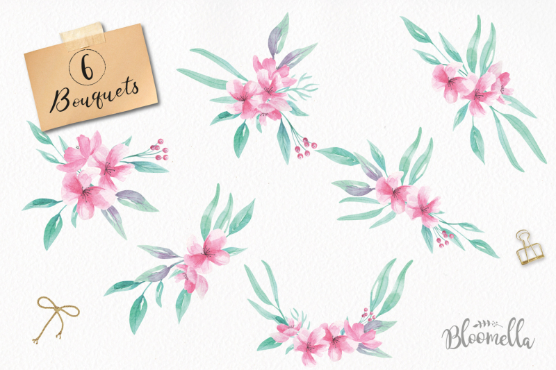 watercolor-aqua-pink-flowers-package-clipart-floral-wedding-kit