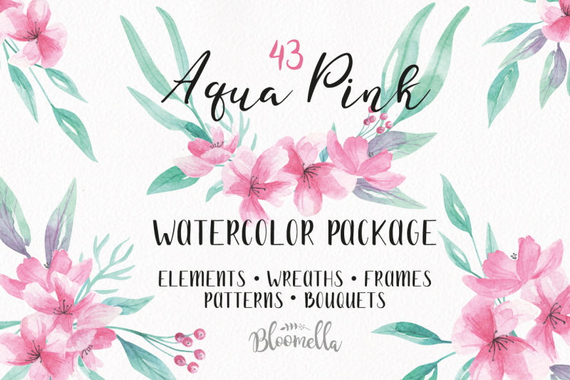 watercolor-aqua-pink-flowers-package-clipart-floral-wedding-kit