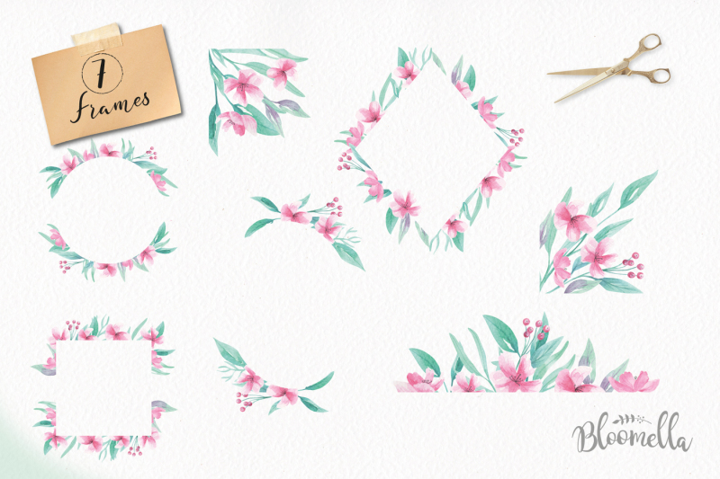 watercolor-aqua-pink-flowers-package-clipart-floral-wedding-kit