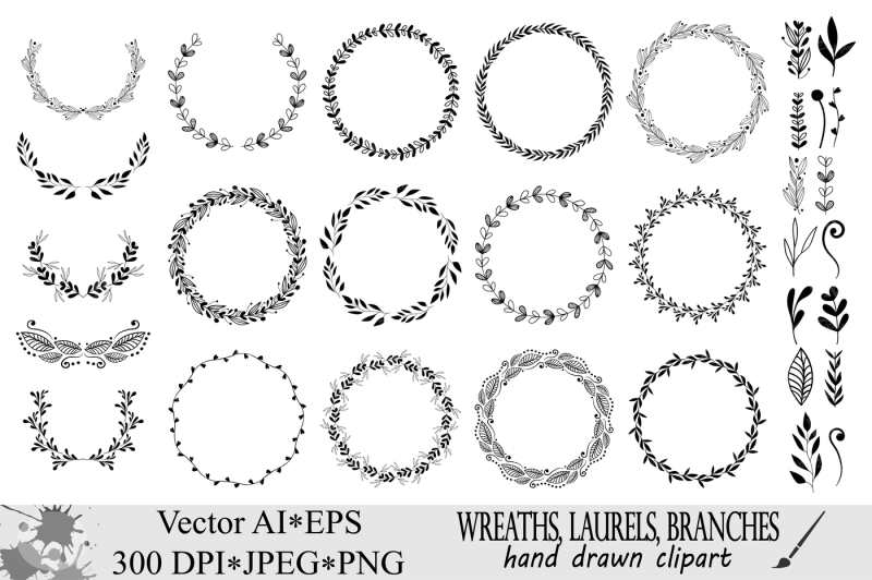 wreath-clipart-hand-drawn-black-round-wedding-frames-laurels-vector
