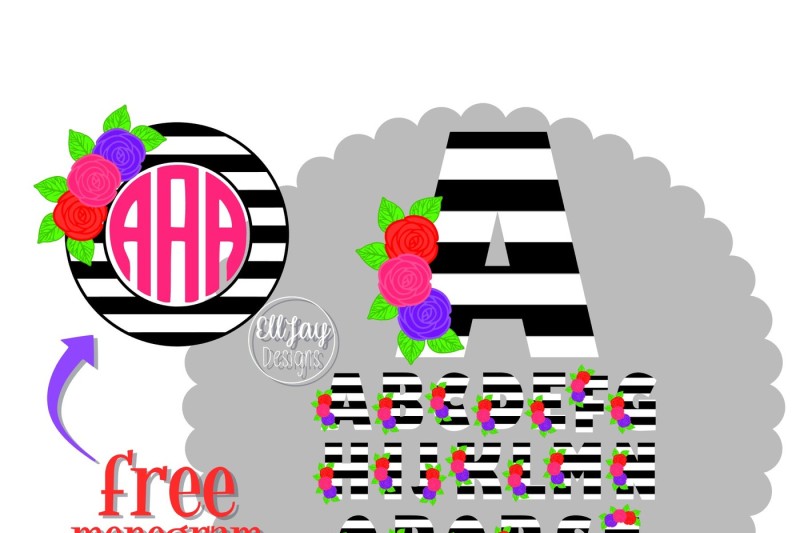 bw-stripe-floral-letters-a-to-z-and-free-monogram-frame