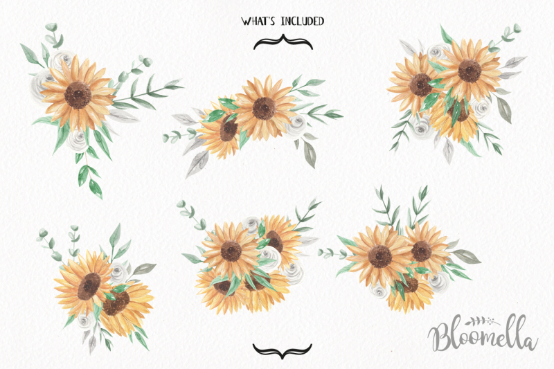 sunflower-watercolor-clipart-painted-floral-white-rose-bouquets