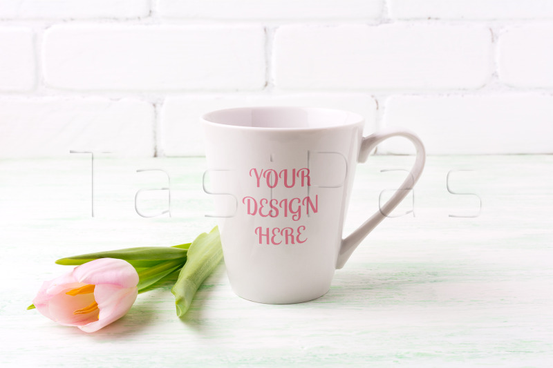Download Free White coffee latte mug mockup with pink tulip (PSD ...