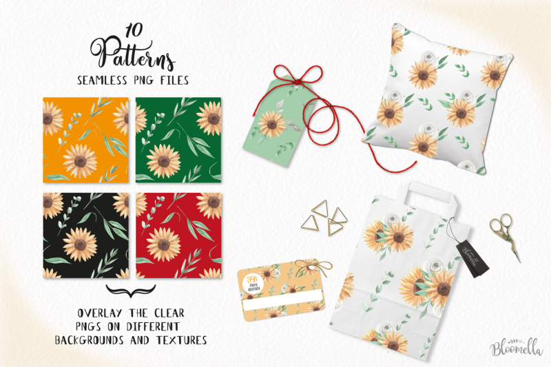 sunflower-digital-papers-seamless-patterns-watercolor-hand-painted