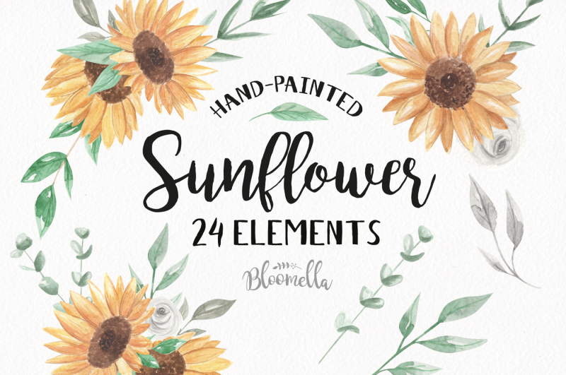 watercolor-sunflower-clipart-24-individual-elements-green-leaves