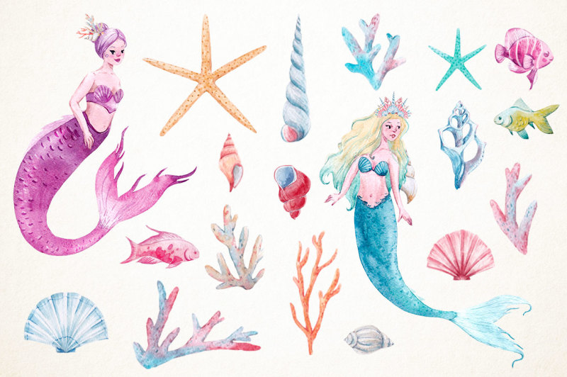 watercolor-set-mermaid-sea-life-png-psd