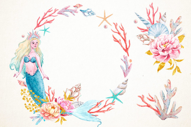watercolor-set-mermaid-sea-life-png-psd