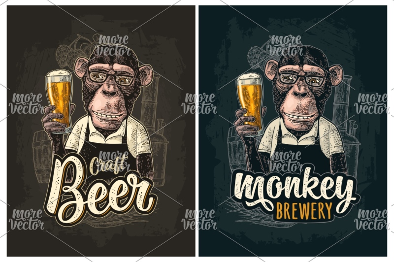 monkey-dressed-apron-hold-beer-glass-vintage-color-engraving