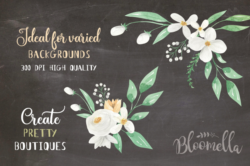 white-floral-flowers-green-wedding-clipart-watercolor-set-elements