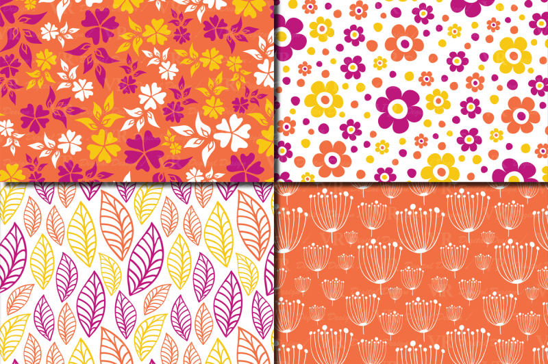 summer-digital-paper-orange-and-yellow-flowers-and-leaves-patterns