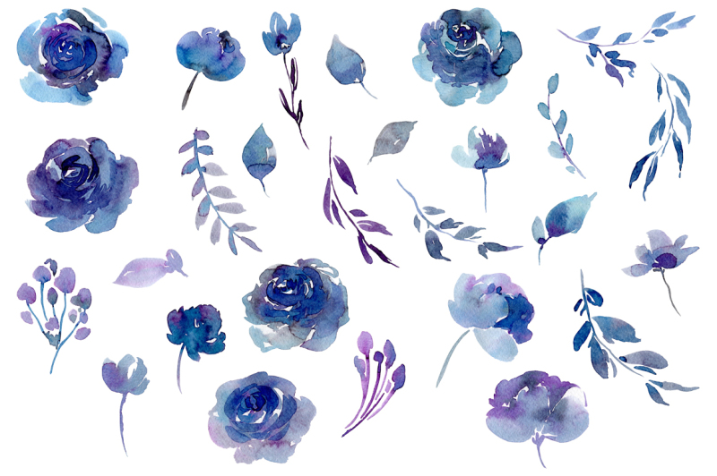 watercolor-dark-blue-flowers-leaves