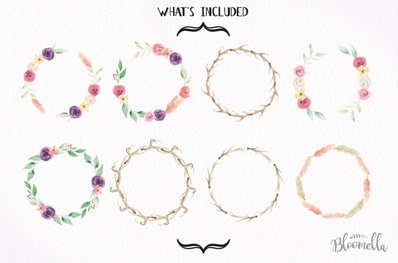 watercolor-antler-flower-floral-8-wreath-watercolor-garland-set