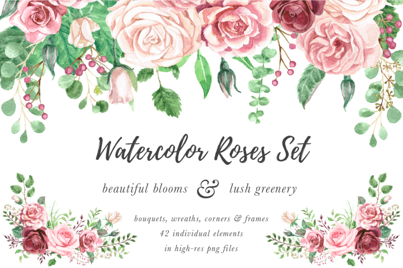 watercolor-roses-and-foliage-set