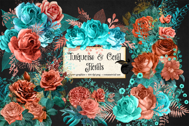 turquoise-and-coral-floral-clipart