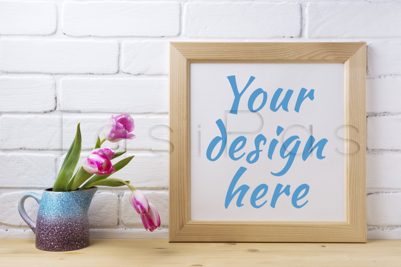 wooden-square-frame-mockup-with-pink-tulip-in-purple-blue-vase