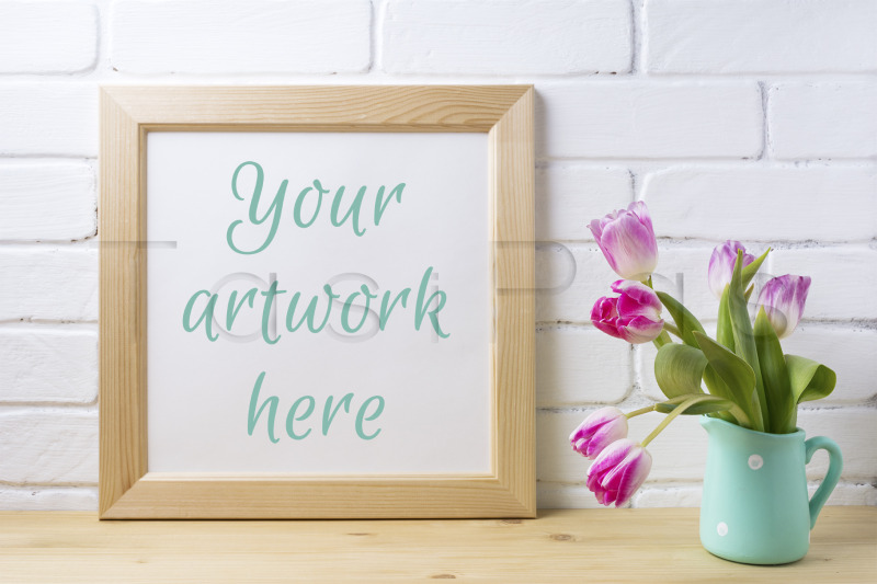 wooden-square-frame-mockup-with-pink-tulip-in-mint-pitcher-vase