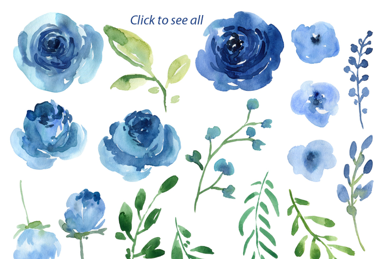 blue-watercolor-roses-flowers-and-leaves-png-collection