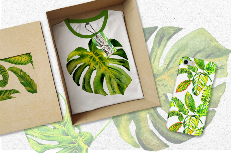 tropics-leaves-monstera-png-watercolor-set