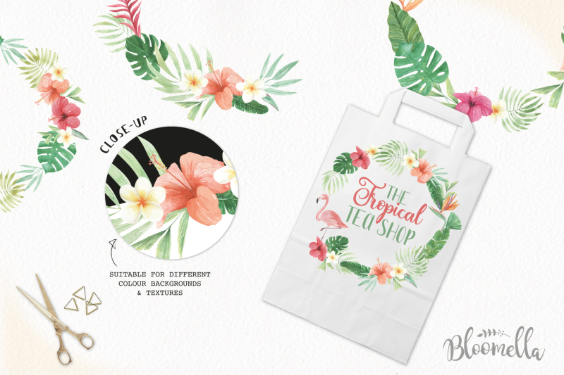 watercolor-tropical-floral-flamingo-hibiscus-garlands-wreath-set