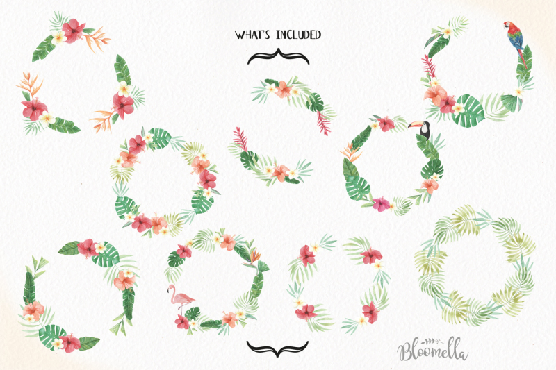 watercolor-tropical-floral-flamingo-hibiscus-garlands-wreath-set