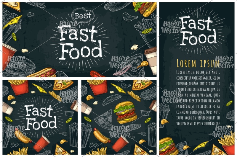 posters-and-seamless-pattern-fast-food-and-lettering-vector-vintage