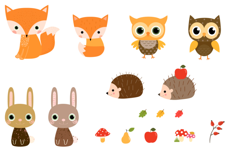 cute-woodland-animal-clipart-forest-creature-clipart-fox-hedgehog-owl