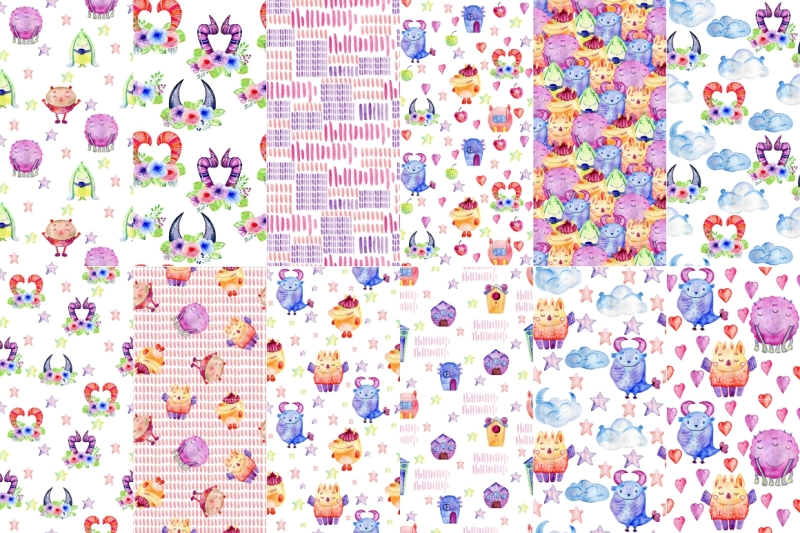 12-watercolor-seamless-patterns-with-monsters