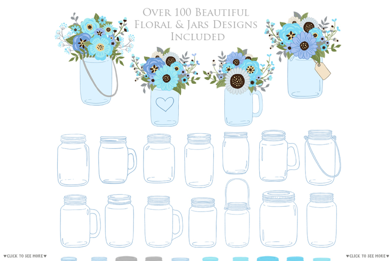 blue-and-gray-floral-mason-jar-wedding-clipart