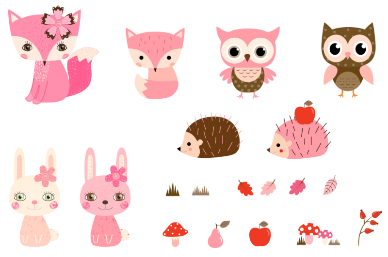 cute-woodland-animal-clipart-pink-forest-creature-clipart-fox-owl