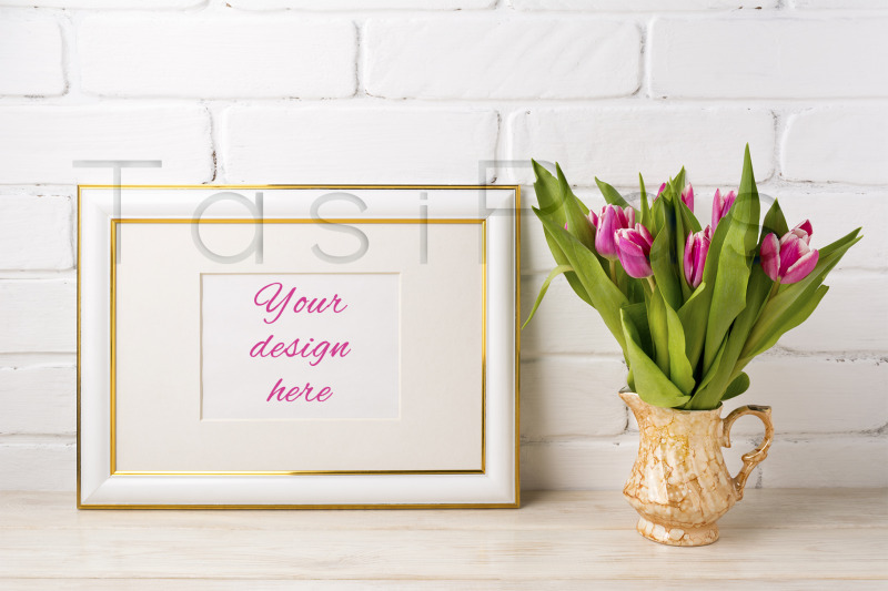 gold-decorated-landscape-frame-mockup-with-bright-pink-tulips-in-golde