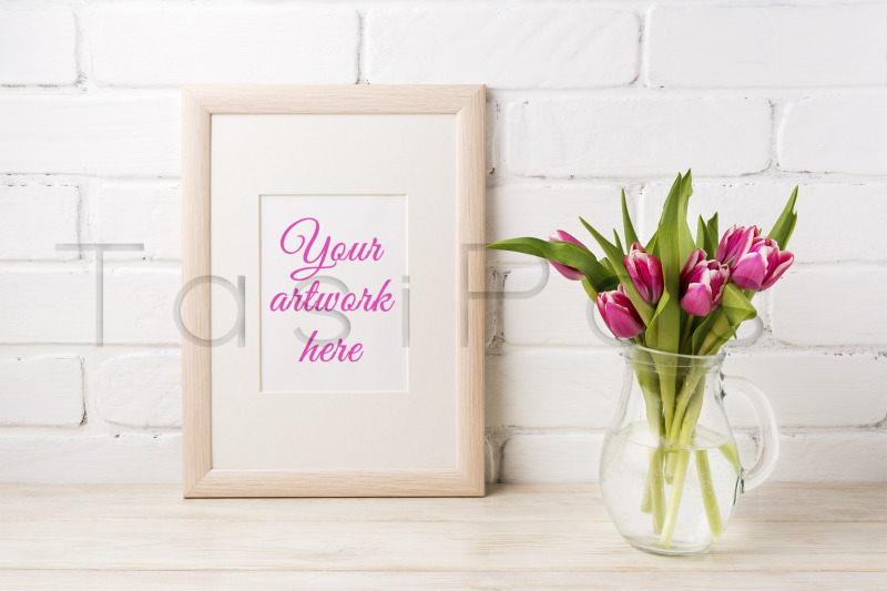 wooden-frame-mockup-with-magenta-pink-tulips-in-glass-pitcher-jar