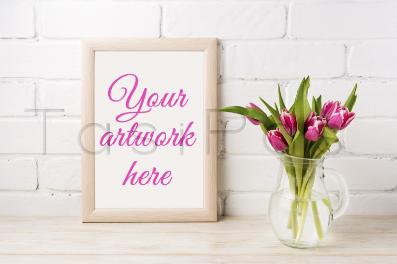 wooden-frame-mockup-with-magenta-pink-tulips-in-glass-pitcher-jar