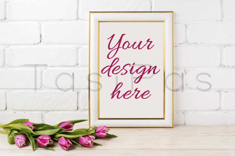gold-decorated-frame-mockup-with-magenta-tulips-bouquet