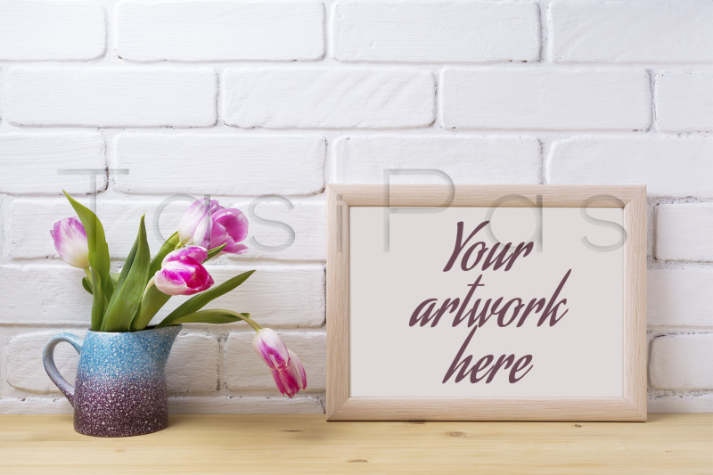 wooden-landscape-frame-mockup-with-pink-tulip-in-purple-pitcher