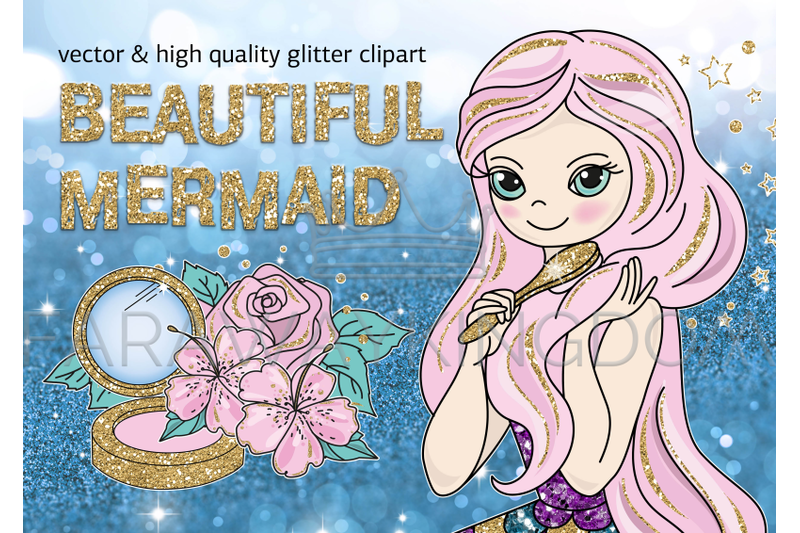beautiful-mermaid-glitter-vector-illustration-set-for-print