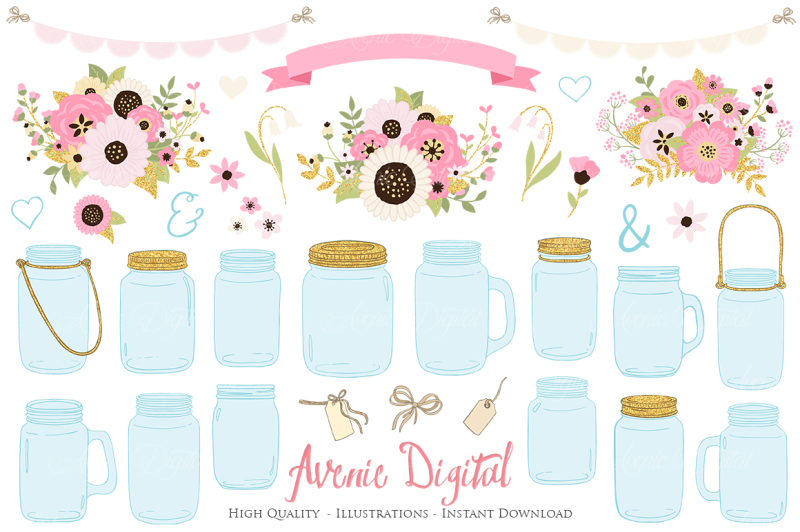 pink-and-gold-mason-jar-floral-wedding-clipart