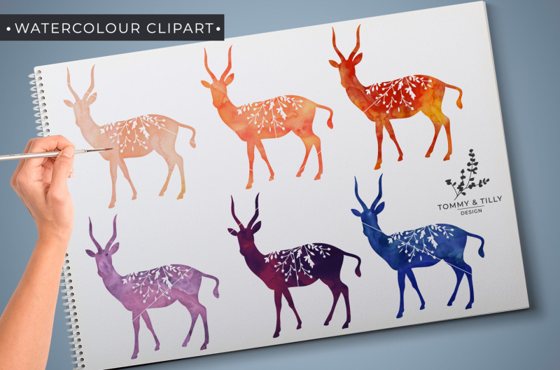 antelope-15-watercolour-and-foil-effect-clipart-pngs