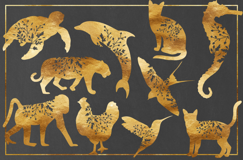 30-gold-foil-effect-floral-animals-clip-art-pngs