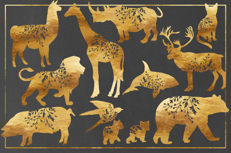 30-gold-foil-effect-floral-animals-clip-art-pngs