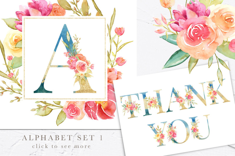 english-garden-watercolor-and-glitter-design-elements-collection